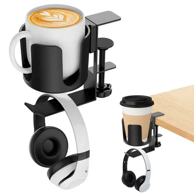 Produktbild von 2-in-1 Getränkehalter & Kopfhörerhalter für Schreibtisch, ABS/Aluminium, bis 6,5 cm Tischdicke