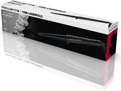 The image shows the product packaging for a Rowenta x Karl Lagerfeld hair curler, with a graphic of the product and a stylized image of a woman's hair.