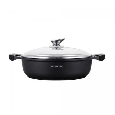 A black pot with a glass lid on a white background.
