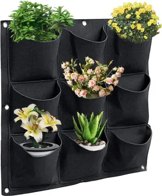 Produktbild von An der Wand montierte hängende Pflanzentaschen, vertikale grüne Pflanztaschen, schwarze Pflanztaschen mit 9 Taschen, Gartenpflanzentasche für Heimtextilien, Büro- und Gartenarbeite