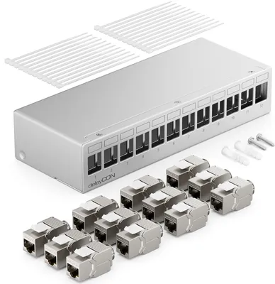 Produktbild von deleyCON 12 Port Patchpanel Set Patchfeld Verteilerfeld 1HE + 12x RJ45 Keystone Jack Modul STP CAT6a Kompatibel mit Verlegekabel CAT5 CAT6 CAT6a CAT7 Netzwerkkabel Ethernet LAN DSL - Grau
