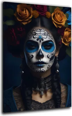 Produktbild von La Catrina mit Rosenkranz Wandbild Leinwandbild Kunstdruck XL Wanddeko: 60x90x2cm