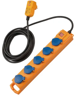 Produktbild von Brennenstuhl Super-Solid SL 554 DE FI Steckdosenverteiler / Outdoor Steckdosenleiste für den Baustelleneinsatz und den ständigen Einsatz im Freien (5-fach, 5m Kabel, mit Schalter und FI-Stecker, IP54) gelb