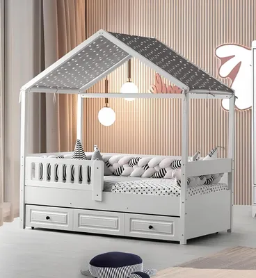 Produktbild von Kinderbett Holzbett Funktionsbett Ausziehbares Bett 200 Holz Weiß Neu