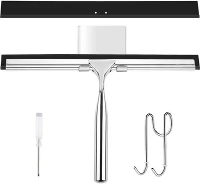 Immagine prodotto di Spazzola in silicone per finestre e vetri, 25 cm, acciaio inossidabile, 2 setole in silicone, manico autoadesivo, senza forature, per bagno, cucina, finestre e auto