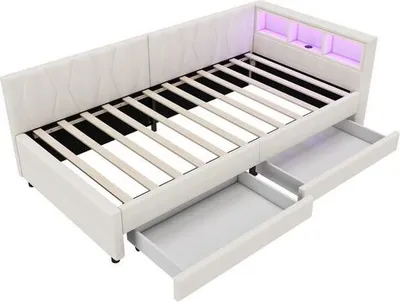 Produktbild von Daybett 90x200cm Tagesbett Schlafsofa mit Ablagefach USB+Typ C Bett mit 2 Schubladen Bett und Lattenrost ohne Matratze Leinen Stauraumbett Gaestebett