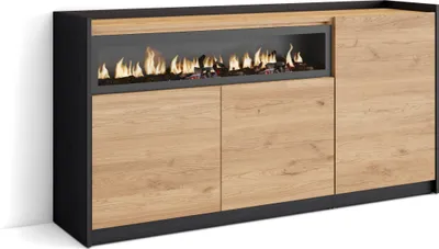 Produktbild von Sideboard, Highboard, 156x37x80cm, 3 Türen, Elektrokamin., Eiche Schwarz