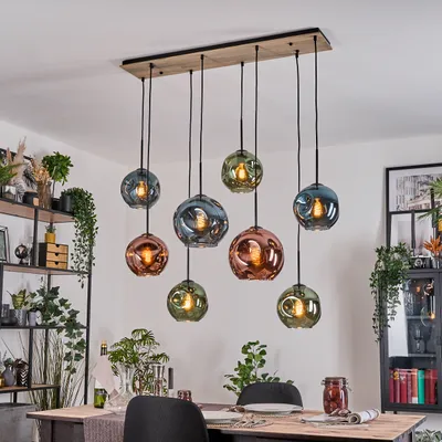 Produktbild von Villamare Hängelampe aus Metall/Holz/Glas in Schwarz/Natur/Blau/Grün/Kupfer