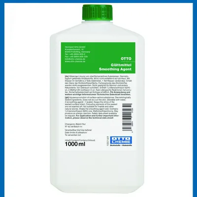 A white plastic bottle of smoothing agent with a green cap and a label.