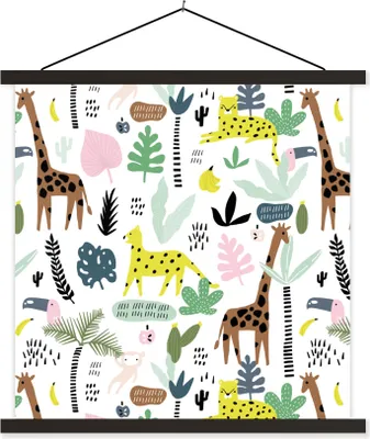 Produktbild von MuchoWow® Textilposter Dschungel - Giraffe - Affe 60x60 cm mit schwarzem Rahmen - Posteraufhänger