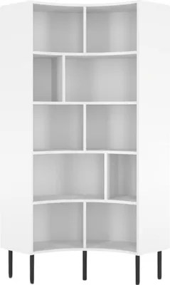 A white corner bookshelf with black legs against a white background.