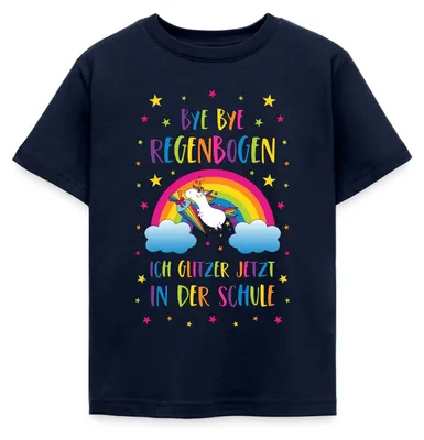 Produktbild von Spreadshirt Bye Bye Regenbogen Einhorn Einschulung Kinder T-Shirt, 122/128 (7-8 Jahre), Navy