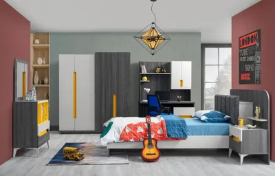 Produktbild von Grau Kinderzimmer Set Bett Nachttisch Kommode Kleiderschrank Schreibtisch