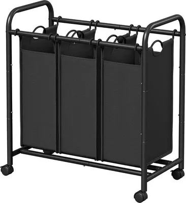 Produktbild von Famanu Wäschekorb mit 3 abnehmbaren Stofftaschen auf Rollen - Schwarz - 3 x 44 Liter
