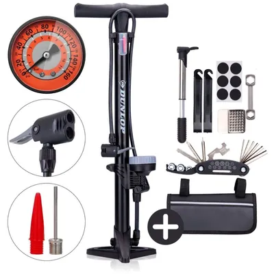 Produktbild von Dunlop Fahrradpumpe mit Manometer und Fahrrad Reparaturset 14 teilig - Fahrrad Werkzeug Set mit Mini Pumpe und Flickzeug - Für Presta Dunlop Schrader Ventil - Schwarz