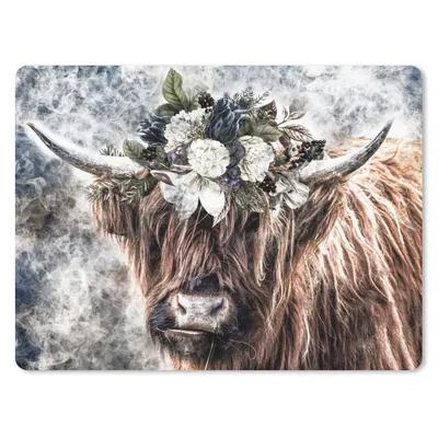 Produktbild von MuchoWow® Mauspad Mousepad Schottischer Highlander - Rauch - Blumen 23x19 cm - Mousepads - Maus Mat - Pad - Mausunterlage - Schreibtischunterlage - Mauspad