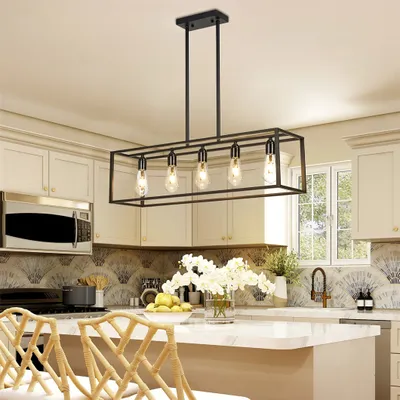 A modern kitchen island with bar stools and a rectangular pendant light fixture.