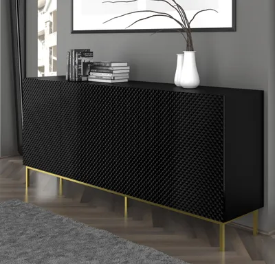 Produktbild von Kommode RAVENNA C 200 cm 3D3S rahmen SCHWARZ MATT / SCHWARZ GLANZ Diamantförmiger Fräser Sideboard MDF 3 Türen 3 Schubladen mit Metallfüße Beine Golden oder Schwarz Metallrahmen Highboard Schrank offene Regale Büfett mit gefräster fronten Diamant