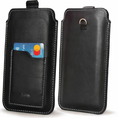 Produktbild von LURESKO ASTER 4XL Universelle Lederhülle mit Öse für ein Lanyard und Schiebemechanismus für Handys bis zu 7 Zoll (glatt schwarz, weißer Faden)