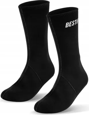 A pair of black neoprene socks for diving or water sports.