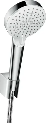 A chrome and white hand-held shower head with a flexible hose attached, mounted on a wall bracket.