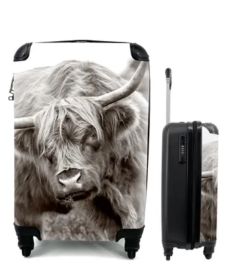 Produktbild von MuchoWow® Koffer Handgepäck Trolley Rollkoffer Kleine Reisekoffer mit 4 Rollen - Schottischer Highlander - Schwarz - Weiß - Hörner - Cabin Size < 55x40x23 cm & 55x40x20 cm - Fotokoffer - Kabinenkoffer - Boardgepäck - Reise-Box - Reisekoffer - Reisegepäck - Koffer mit Bild - Trolley für Kinder