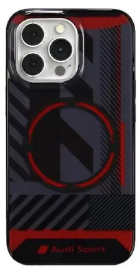 A black and red Audi Sport branded phone case for an iPhone 13 Pro Max.