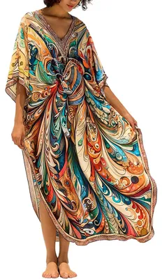 Immagine prodotto di Solidchoice - Abito lungo stile caftano, multicolore, con scollo a V