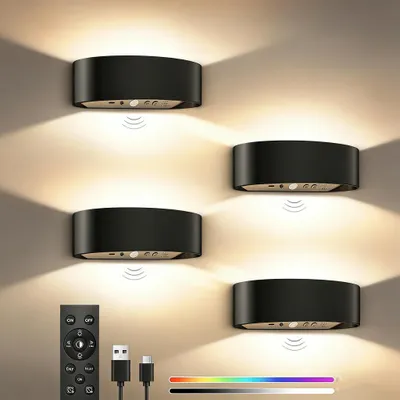 Zdjęcie produktu dla Zestaw 4 kinkietów LED – kinkiet typu „up-down” – RGB – z regulacją jasności – pilot zdalnego sterowania – akumulator – bezprzewodowy