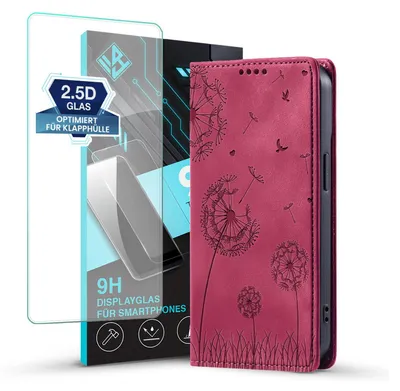 Produktbild von Handyhülle für Samsung Galaxy A17 / A17 5G RFID Schutz Klapphülle Case Cover Design Blume Pusteblume Schutzhülle mit 9H Displayglas Farbe: Magenta