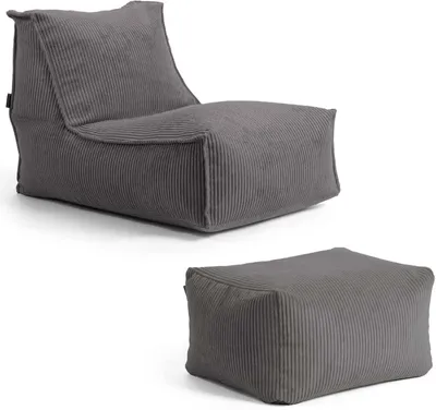 Produktbild von mokebo Sitzsack mit Hocker aus Cord 'Der Gelassene', Bean Bag, Relaxliege oder Bodenkissen mit EPS-Perlen Füllung, kuschelige und gemütliche Liege für Wohnzimmer und Wintergarten in Anthrazit
