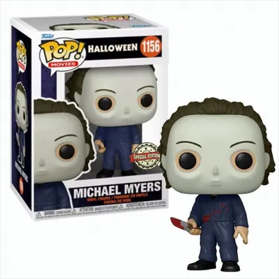 A Funko Pop! vinyl figure of Michael Myers from Halloween, shown in its packaging and also standing next to it.