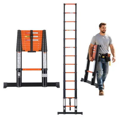 Produktbild von VEVOR Teleskopleiter 380cm Ausziehleiter 150kg Belastbare Aluminiumleiter, Tragbare Klappleiter für Dacharbeiten Außenreparaturen & Wohnmobile, Ein-Knopf-Einzug, Sicherheitsriegel, Rutschfeste Stufen