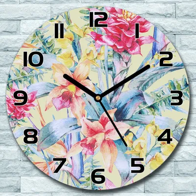 Produktbild von Wanduhr aus Glas Rund fi 30 Tropische Blumen Quarz Deko Schlafzimmer Büro