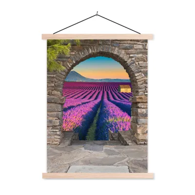 Produktbild von MuchoWow® Textilposter Lavendel - Abend - Ausblick - Blumen 120x160 cm mit holzfarbenen Rahmen - Plakatkarton