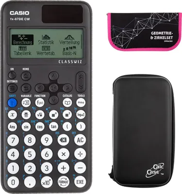 Produktbild von Casio FX-87 DE CW mit CalcCase-Schutztasche und Zirkelset pink