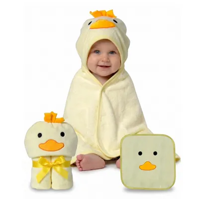 Produktbild von HECKBO Baby Handtuch Kapuze Küken inkl. Waschlappen, ab 0 Jahre, Neuheit: 2 Druckknöpfe, Baby Geschenk Mädchen Jungen, weiches saugfähiges Material 90x100cm Kinder Badetuch Bademantel Kapuzenhandtuch