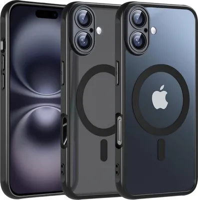 Three iPhone cases are displayed, two of which are transparent and show the MagSafe ring and Apple logo. The third is a phone with a black case.