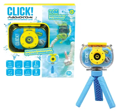 Immagine prodotto di Radiocom Click! 3, fotocamera per bambini, impermeabile fino a 10 metri, risoluzione 1080p, zoom 10x, display LCD da 2", scheda microSD da 4GB, disponibile nei colori blu e giallo