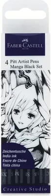 Produktbild von Faber-Castell 267121 Tuschestifte Set, Etui mit 4 Stiften, Feine Spitzen, Soft Brush und Soft Calligraphy in Schwarz, Geeignet für Präzises Zeichnen und Kreative Manga-Kunstwerke