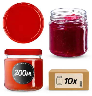 Obrázok produktu pre Sklenené nádoby na zaváranie – nádoby na skladovanie – 200 ml – balenie po 10 kusov – červený viečko – vhodné na potraviny – priemer 66 mm