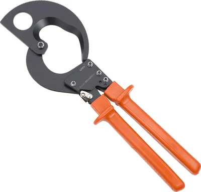 Image de Coupe-câbles à cliquet SucceBuy avec lames en acier à ressort et poignées en PVC, bouton de verrouillage rapide, adapté aux câbles en cuivre et en aluminium jusqu'à 800 MCM / 400 mm²