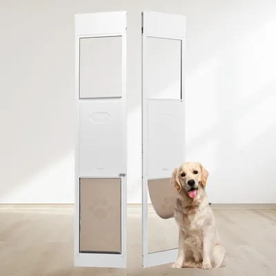 Two white sliding glass doors for pets are shown, with a golden retriever sitting in front of one of them.