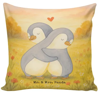 Produktbild von Mr. & Mrs. Panda Kissen 40x40 Pinguine Kuscheln Design - Weiß - Geschenk, für Freundin, Frauen, Sofa, Valentinstag, kuschelkissen, Gemütliches, bedruckt, Mitbringsel
