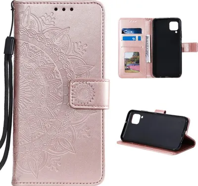 A collage of images showing a rose gold mandala-embossed flip phone case for a Samsung Galaxy A12/M12.