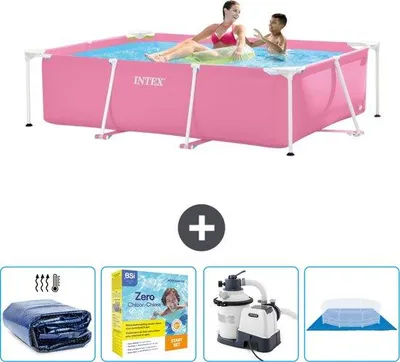 Productafbeelding van Rechthoekige zwembaden - 220 x 150 x 60 cm - Roze - Met parasol - Onderhoudskast - Zwembadpomp - Bodembedekking