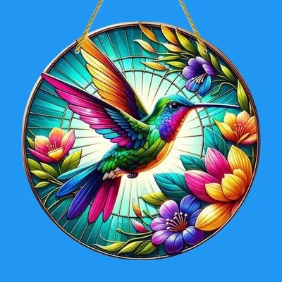 Produktbild von GKA XL Sonnenfänger Kolibri mit Lotus 20 cm Buntglas Lichtfänger Fensterbild Fenster Fensterschmuck Fensterdeko