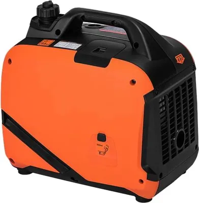 An orange and black inverter generator is shown from a three-quarter rear angle against a light gray background.