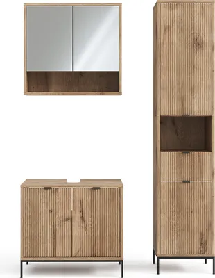 A set of three bathroom furniture pieces displayed against a white background.