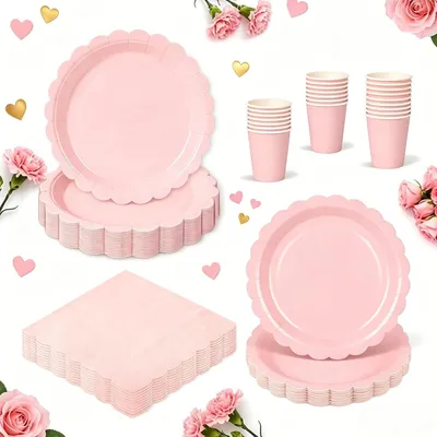 Image de Ensemble de vaisselle en papier, 96 pièces, rose, pour 24 personnes, vaisselle jetable pour fêtes